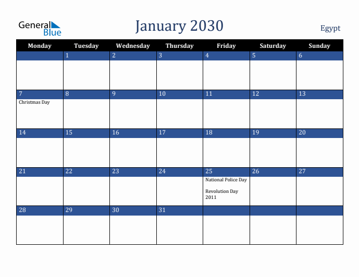 January 2030 Egypt Calendar (Monday Start)
