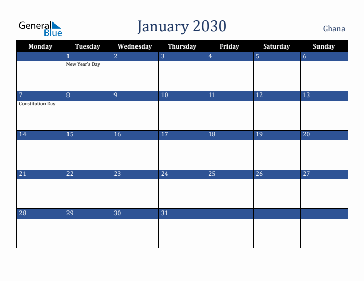 January 2030 Ghana Calendar (Monday Start)