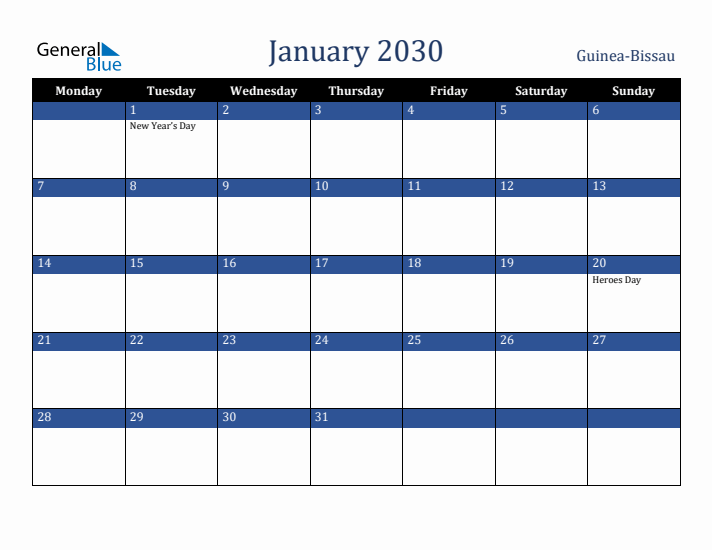 January 2030 Guinea-Bissau Calendar (Monday Start)