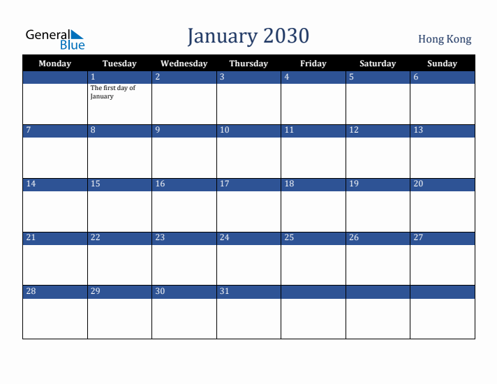 January 2030 Hong Kong Calendar (Monday Start)