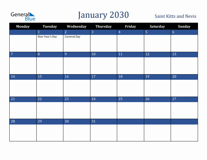 January 2030 Saint Kitts and Nevis Calendar (Monday Start)