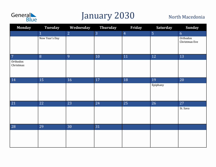 January 2030 North Macedonia Calendar (Monday Start)