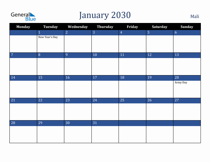 January 2030 Mali Calendar (Monday Start)