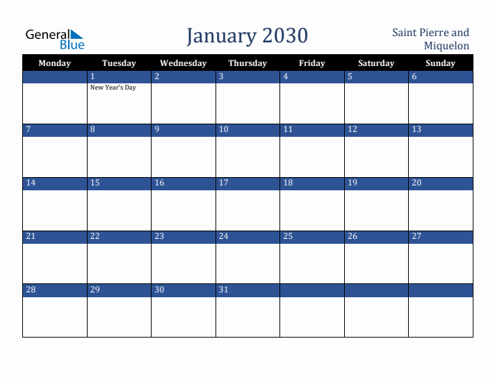 January 2030 Saint Pierre and Miquelon Calendar (Monday Start)