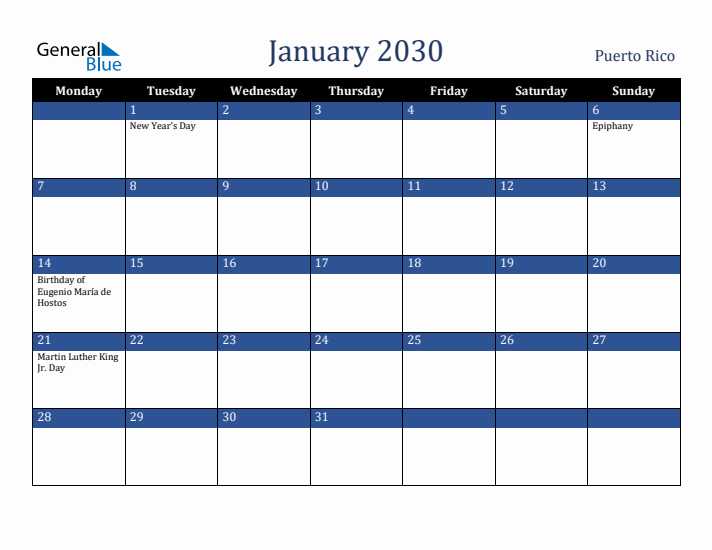 January 2030 Puerto Rico Calendar (Monday Start)
