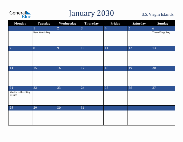 January 2030 U.S. Virgin Islands Calendar (Monday Start)