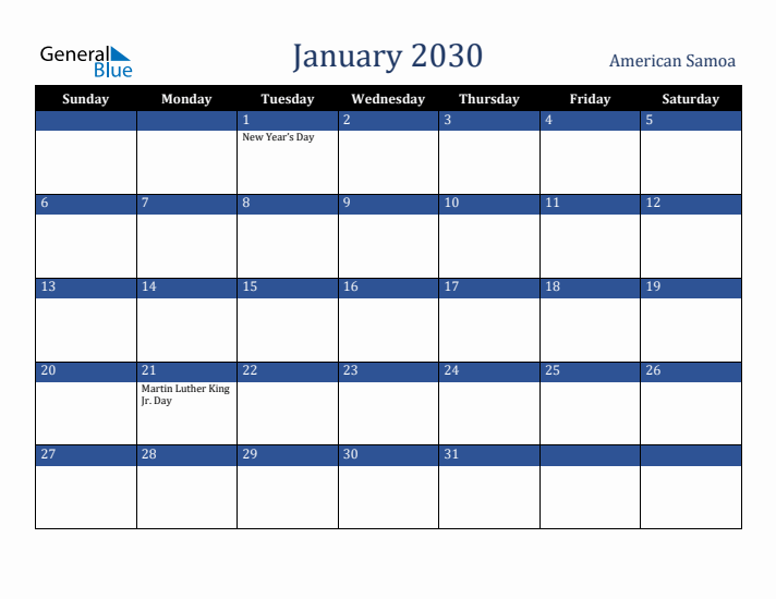 January 2030 American Samoa Calendar (Sunday Start)