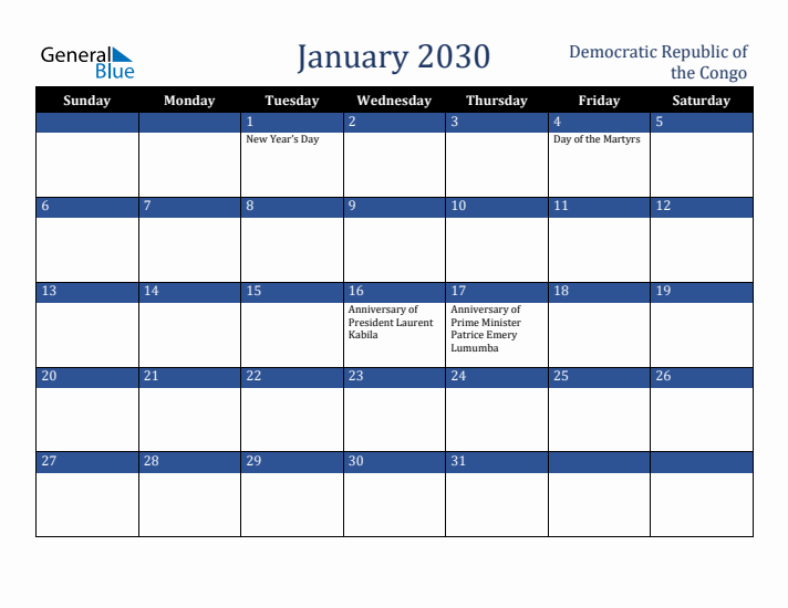 January 2030 Democratic Republic of the Congo Calendar (Sunday Start)