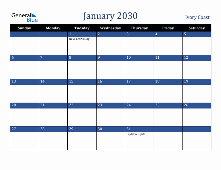 January 2030 Ivory Coast Calendar (Sunday Start)