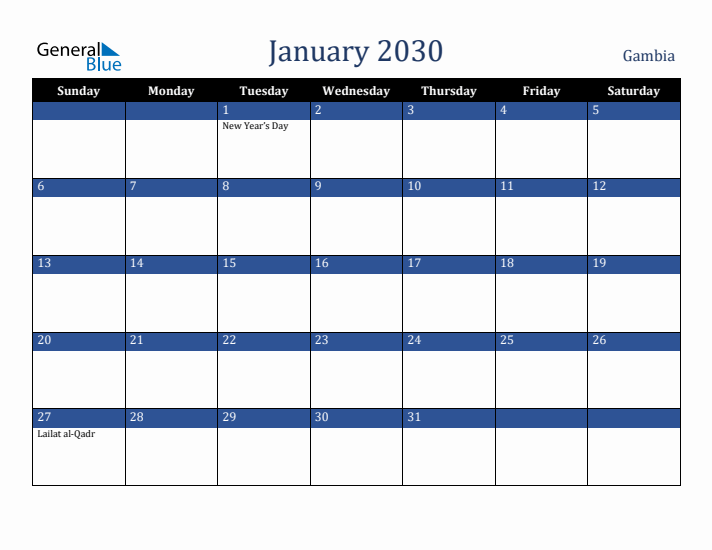 January 2030 Gambia Calendar (Sunday Start)