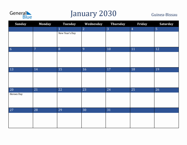 January 2030 Guinea-Bissau Calendar (Sunday Start)