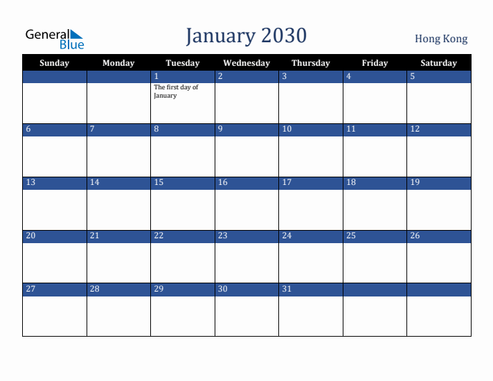 January 2030 Hong Kong Calendar (Sunday Start)