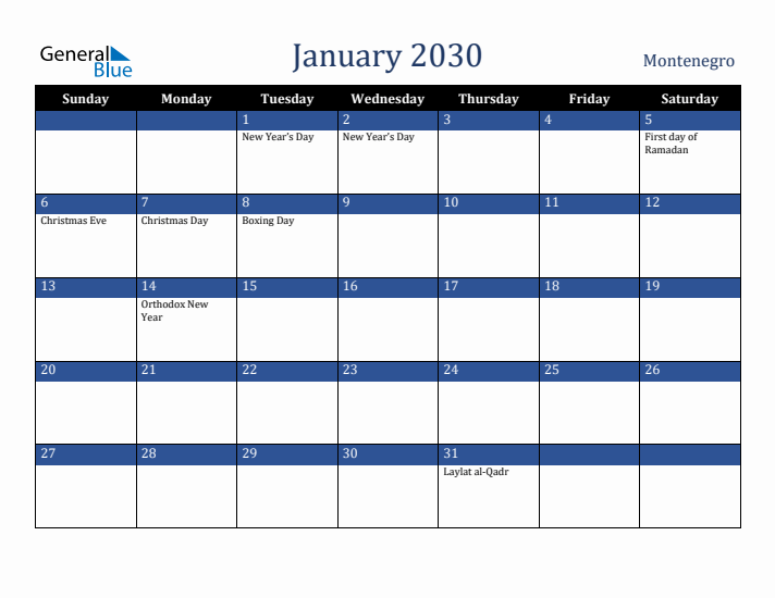 January 2030 Montenegro Calendar (Sunday Start)