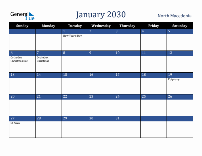 January 2030 North Macedonia Calendar (Sunday Start)