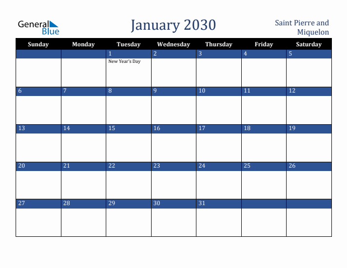 January 2030 Saint Pierre and Miquelon Calendar (Sunday Start)