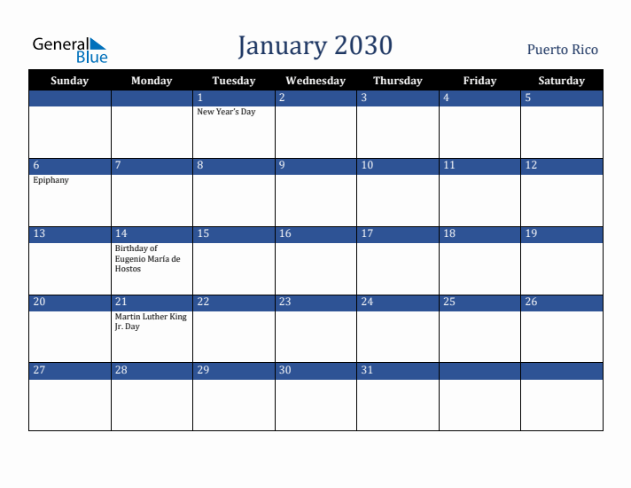 January 2030 Puerto Rico Calendar (Sunday Start)