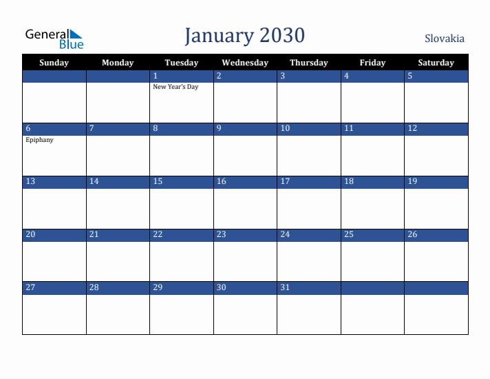 January 2030 Slovakia Calendar (Sunday Start)