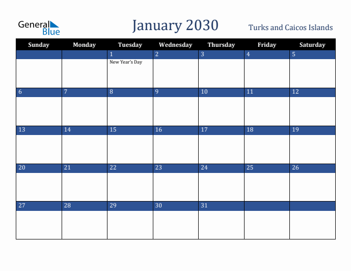 January 2030 Turks and Caicos Islands Calendar (Sunday Start)