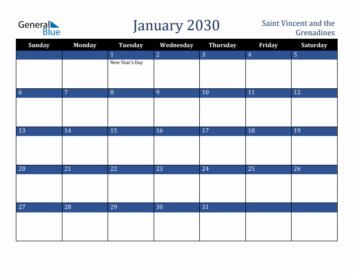 January 2030 Saint Vincent and the Grenadines Calendar (Sunday Start)