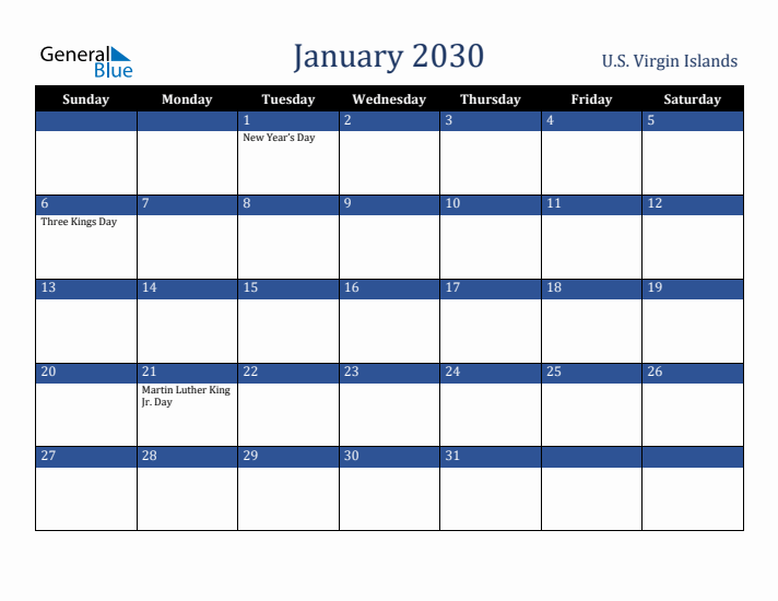 January 2030 U.S. Virgin Islands Calendar (Sunday Start)