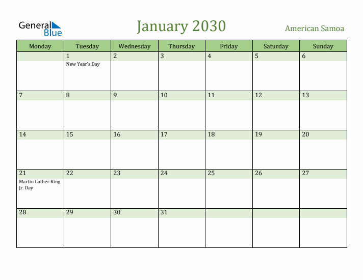 January 2030 Calendar with American Samoa Holidays