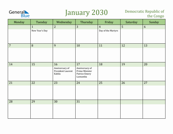 January 2030 Calendar with Democratic Republic of the Congo Holidays