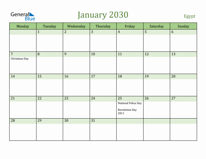 January 2030 Calendar with Egypt Holidays