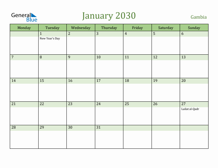 January 2030 Calendar with Gambia Holidays