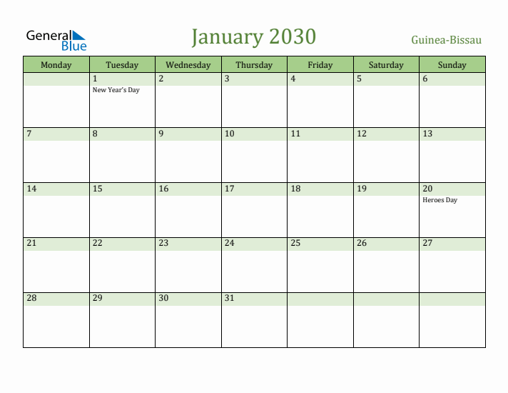 January 2030 Calendar with Guinea-Bissau Holidays