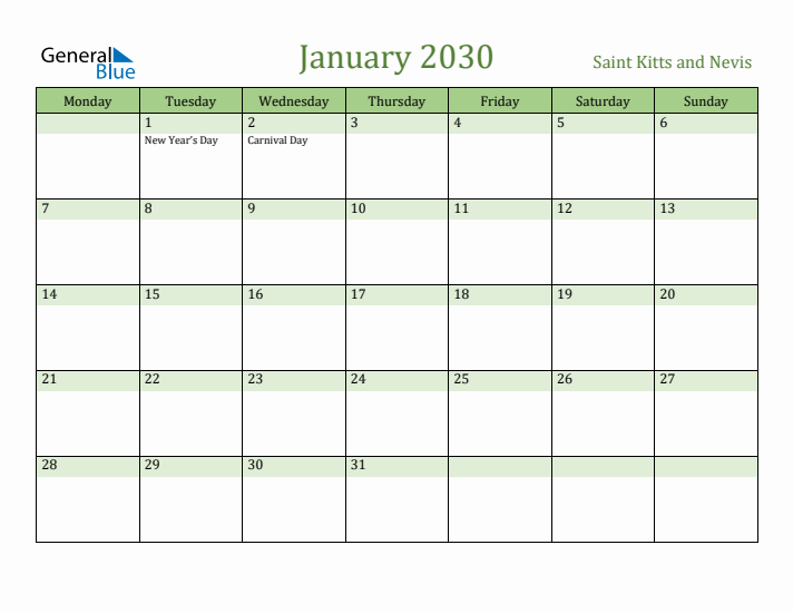 January 2030 Calendar with Saint Kitts and Nevis Holidays