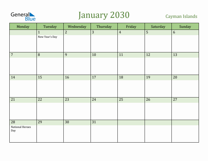 January 2030 Calendar with Cayman Islands Holidays