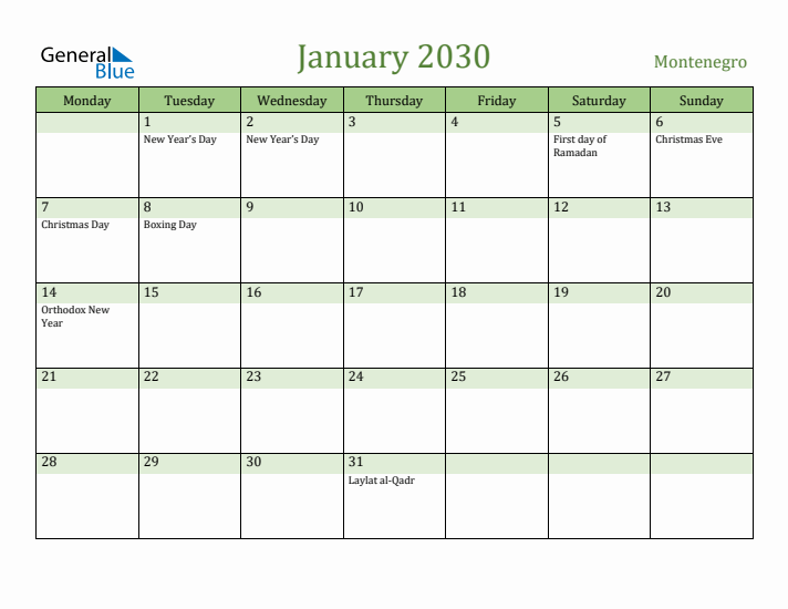 January 2030 Calendar with Montenegro Holidays