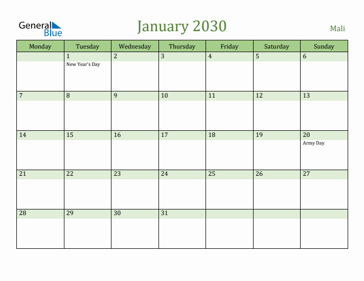 January 2030 Calendar with Mali Holidays