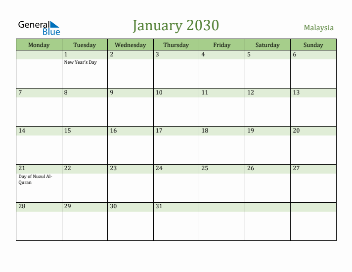 January 2030 Calendar with Malaysia Holidays
