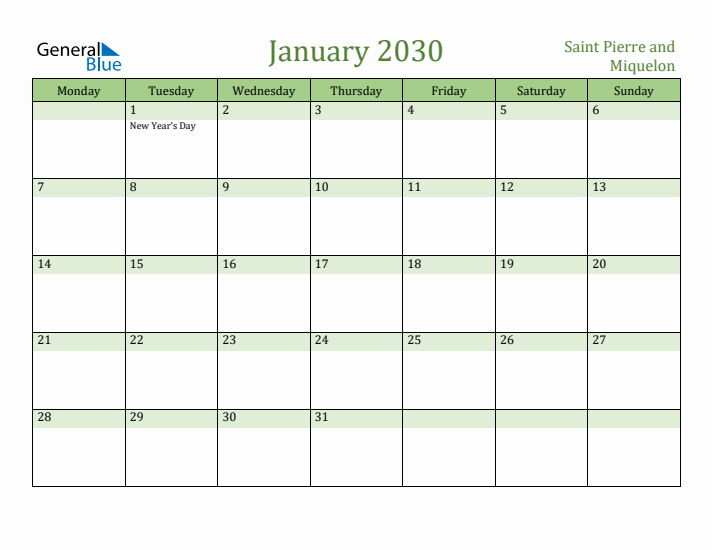 January 2030 Calendar with Saint Pierre and Miquelon Holidays