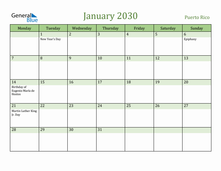 January 2030 Calendar with Puerto Rico Holidays