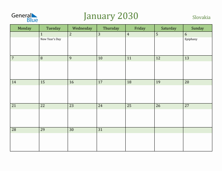January 2030 Calendar with Slovakia Holidays