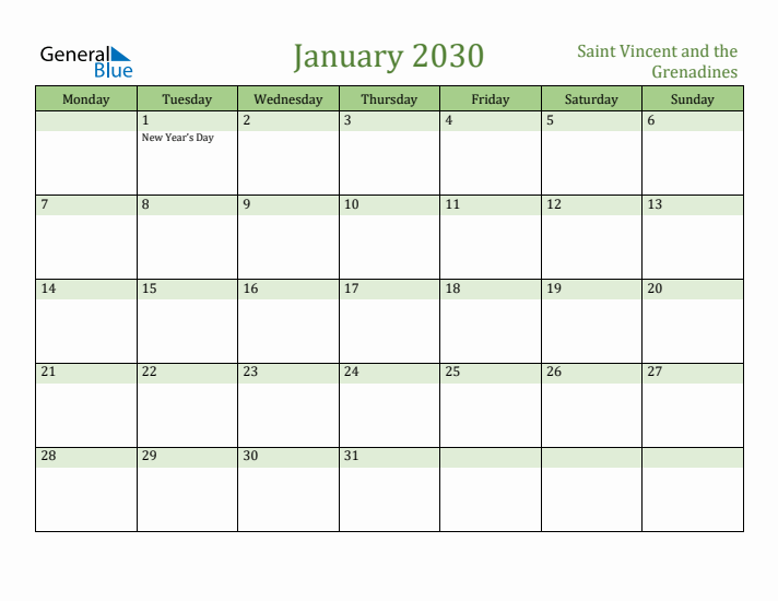 January 2030 Calendar with Saint Vincent and the Grenadines Holidays