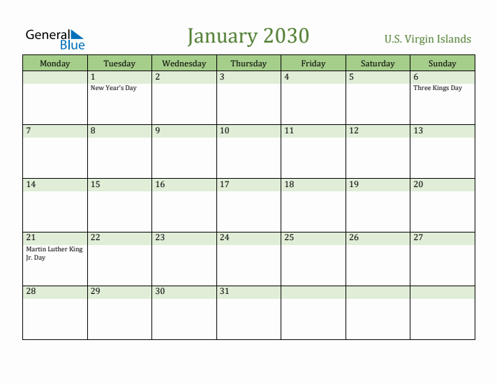 January 2030 Calendar with U.S. Virgin Islands Holidays