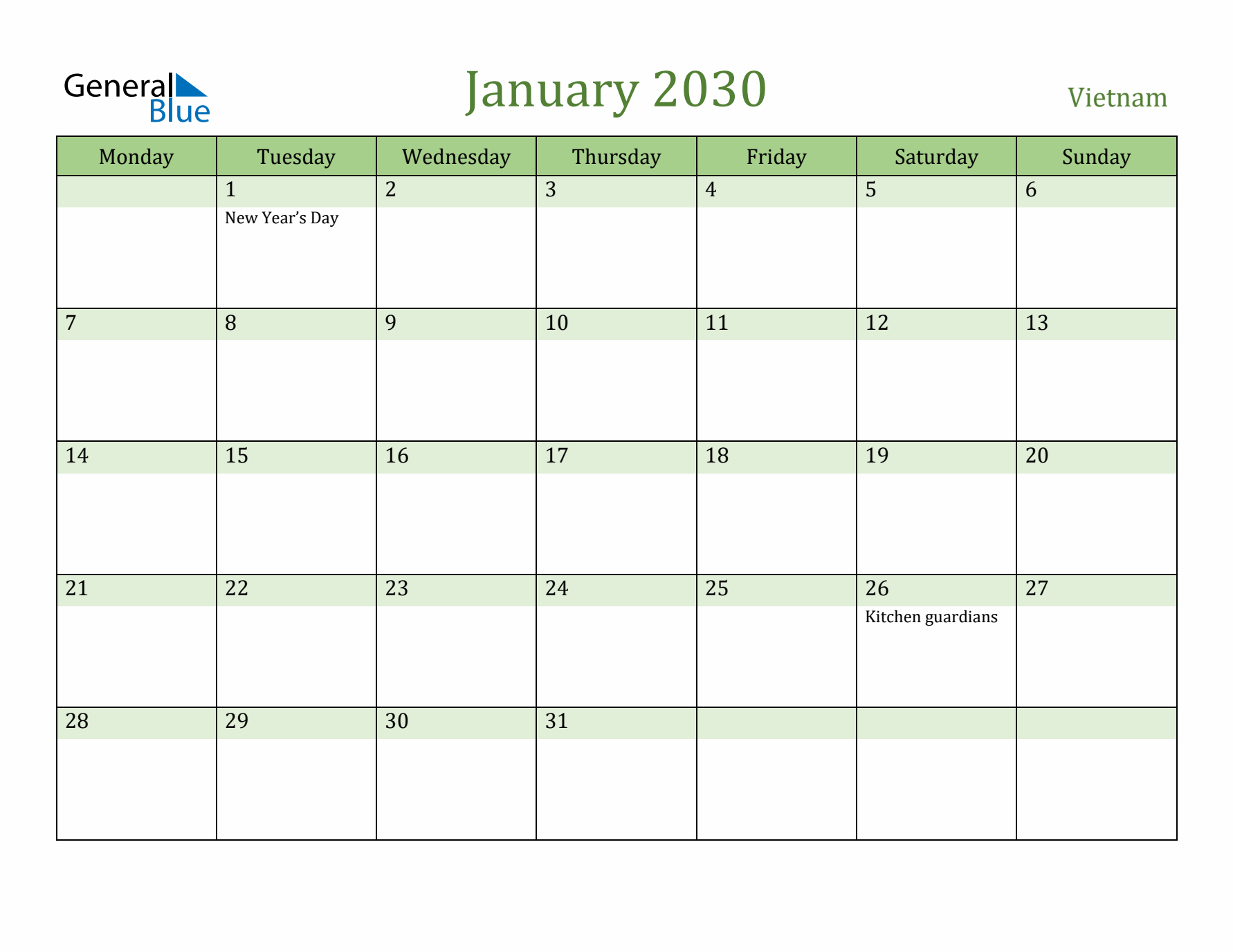 January 2030 Calendar with Vietnam Holidays