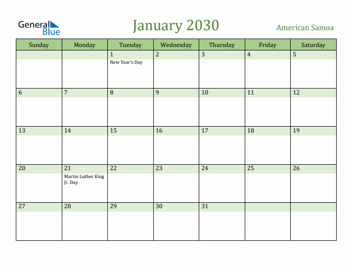 January 2030 Calendar with American Samoa Holidays