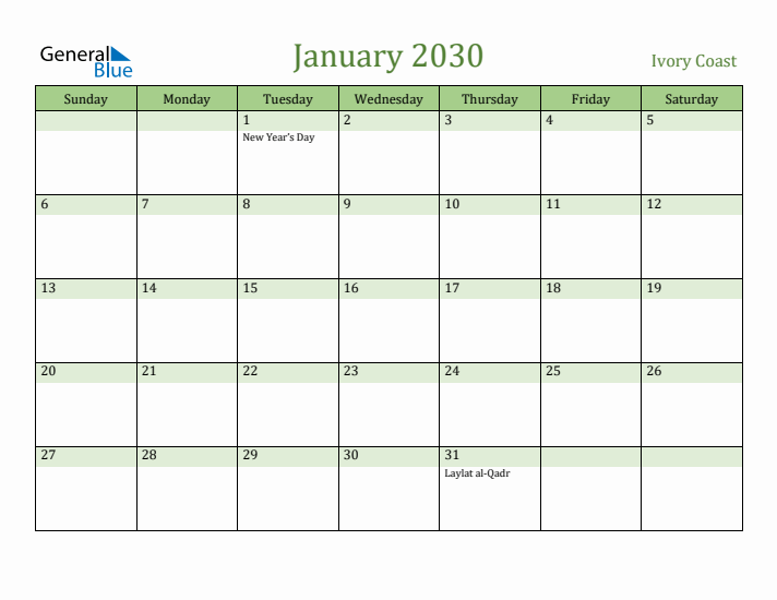 January 2030 Calendar with Ivory Coast Holidays