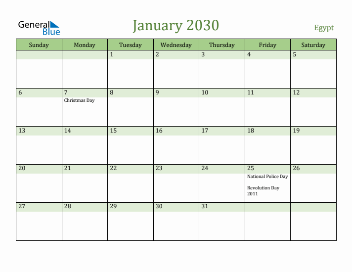 January 2030 Calendar with Egypt Holidays