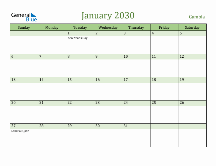 January 2030 Calendar with Gambia Holidays