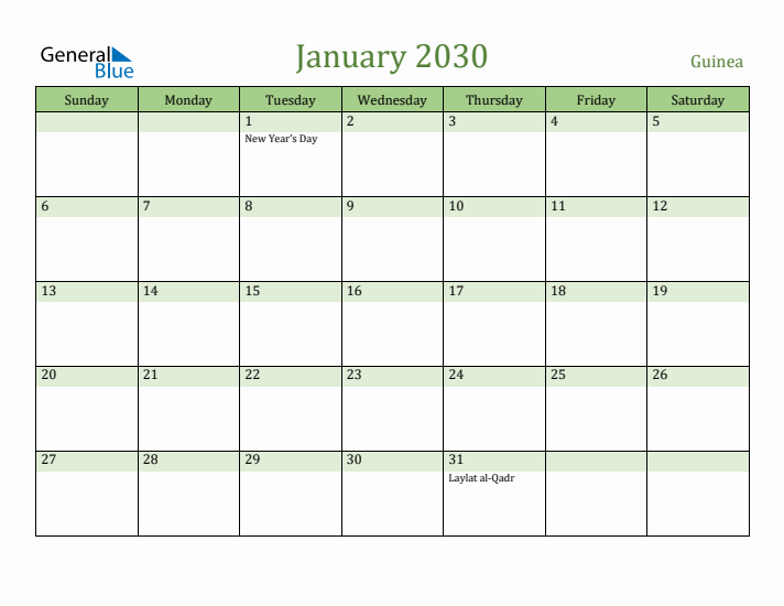 January 2030 Calendar with Guinea Holidays