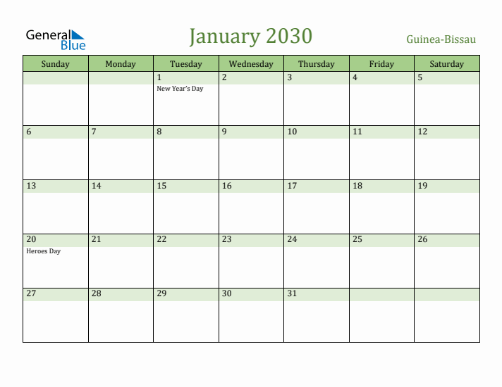 January 2030 Calendar with Guinea-Bissau Holidays