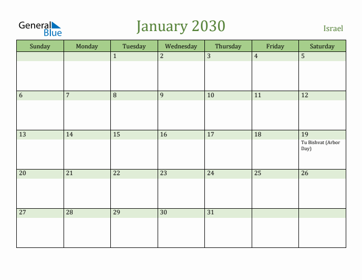 January 2030 Calendar with Israel Holidays