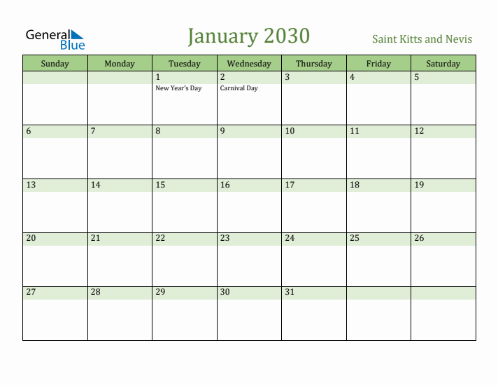 January 2030 Calendar with Saint Kitts and Nevis Holidays