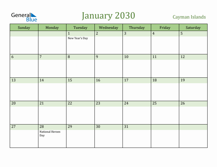 January 2030 Calendar with Cayman Islands Holidays