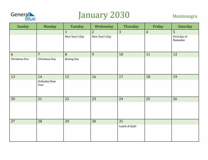 January 2030 Calendar with Montenegro Holidays